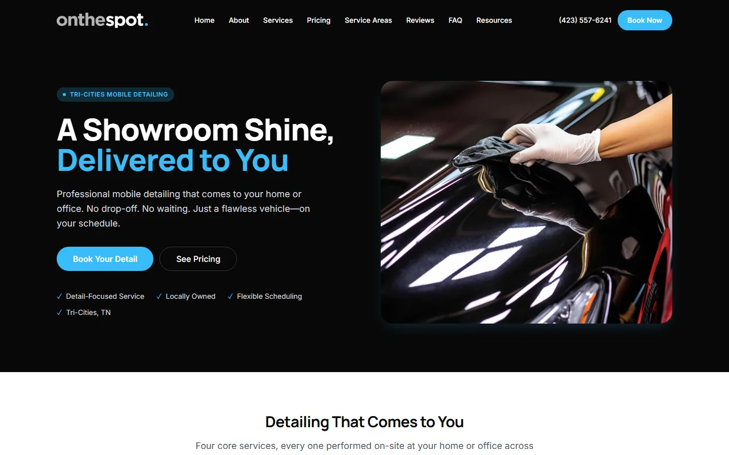 On The Spot Detailing homepage built from the brand kit